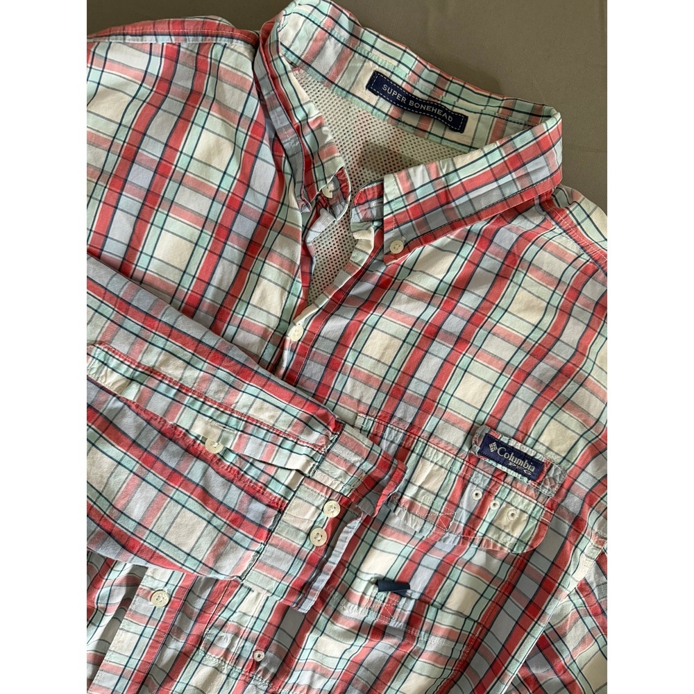 Columbia PFG Super Bonehead Fishing Shirt Mens XL Long Sleeve Plaid Vented Flaw